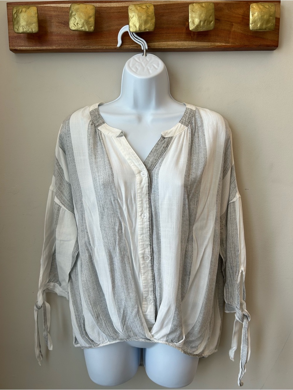 So Perla COTTON Boho Coastal Stripe Wrap Hem Blouse Cottagecore Resort - medium